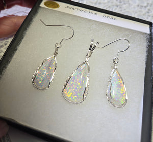 Custom Cut Polished & Wire Wrapped Synthetic Opal Set: Necklace/Pendant Earrings Sterling Silver