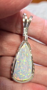 Custom Cut Polished & Wire Wrapped Synthetic Opal Set: Necklace/Pendant Earrings Sterling Silver