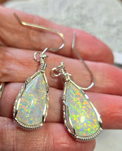 Load image into Gallery viewer, Custom Cut Polished &amp; Wire Wrapped Synthetic Opal Set: Necklace/Pendant Earrings Sterling Silver