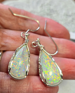 Custom Cut Polished & Wire Wrapped Synthetic Opal Set: Necklace/Pendant Earrings Sterling Silver