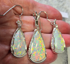 Custom Cut Polished & Wire Wrapped Synthetic Opal Set: Necklace/Pendant Earrings Sterling Silver