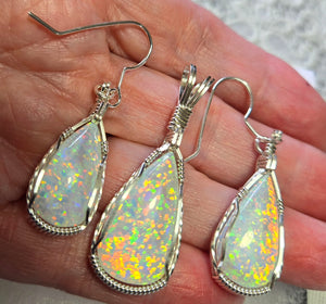 Custom Cut Polished & Wire Wrapped Synthetic Opal Set: Necklace/Pendant Earrings Sterling Silver