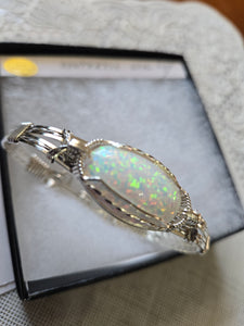 **SOLD**Custom Cut Polished & Wire Wrapped Synthetic Opal Bracelet Size 7 Sterling Silver