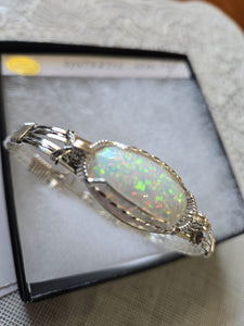 **SOLD**Custom Cut Polished & Wire Wrapped Synthetic Opal Bracelet Size 7 Sterling Silver