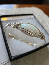 Load image into Gallery viewer, **SOLD**Custom Cut Polished &amp; Wire Wrapped Synthetic Opal Bracelet Size 7 Sterling Silver