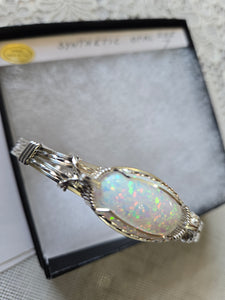 **SOLD**Custom Cut Polished & Wire Wrapped Synthetic Opal Bracelet Size 7 Sterling Silver