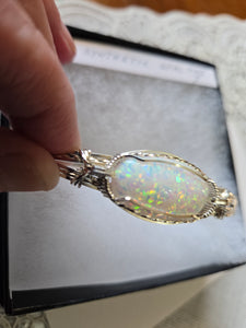 **SOLD**Custom Cut Polished & Wire Wrapped Synthetic Opal Bracelet Size 7 Sterling Silver