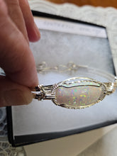 Load image into Gallery viewer, **SOLD**Custom Cut Polished &amp; Wire Wrapped Synthetic Opal Bracelet Size 7 Sterling Silver