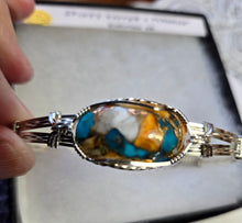 Load image into Gallery viewer, Custom Cut Polished Wire Wrapped Spiney Oyster Turquoise &amp; Bronze Bracelet Size 7 1/4 Sterling Silver