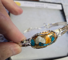 Load image into Gallery viewer, Custom Cut Polished Wire Wrapped Spiney Oyster Turquoise &amp; Bronze Bracelet Size 7 1/4 Sterling Silver