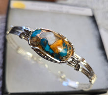 Load image into Gallery viewer, Custom Cut Polished Wire Wrapped Spiney Oyster Turquoise &amp; Bronze Bracelet Size 7 1/4 Sterling Silver