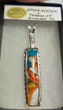 Load image into Gallery viewer, Custom Cut Polished &amp; Wire Wrapped Kingman Turquoise Spiney Oyster &amp; Bronze Necklace/Pendant Sterling Silver