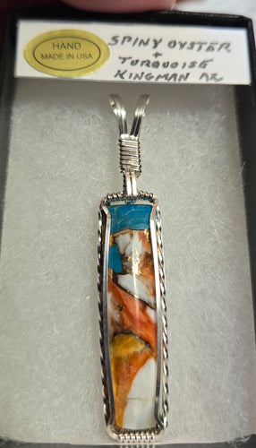 Custom Cut Polished & Wire Wrapped Kingman Turquoise Spiney Oyster & Bronze Necklace/Pendant Sterling Silver