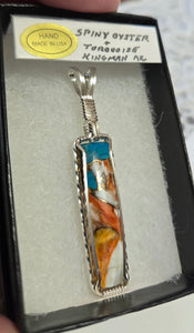 Custom Cut Polished & Wire Wrapped Kingman Turquoise Spiney Oyster & Bronze Necklace/Pendant Sterling Silver