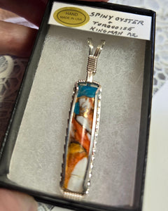 Custom Cut Polished & Wire Wrapped Kingman Turquoise Spiney Oyster & Bronze Necklace/Pendant Sterling Silver