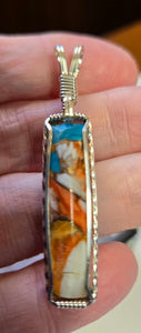 Custom Cut Polished & Wire Wrapped Kingman Turquoise Spiney Oyster & Bronze Necklace/Pendant Sterling Silver