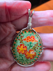 Custom Wire Wrapped Hand Painted Ostrich Egg Shell Necklace/Pendant Sterling Silver