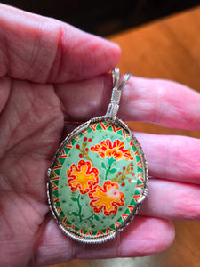 Custom Wire Wrapped Hand Painted Ostrich Egg Shell Necklace/Pendant Sterling Silver