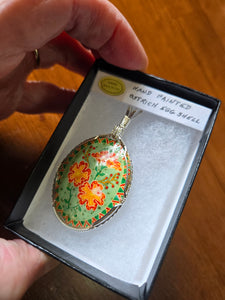 Custom Wire Wrapped Hand Painted Ostrich Egg Shell Necklace/Pendant Sterling Silver