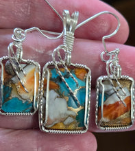 Load image into Gallery viewer, Custom Wire Wrapped Spiney Oyster Turquoise &amp; Bronze Set: Necklace/Pendant Earrings Sterling Silver