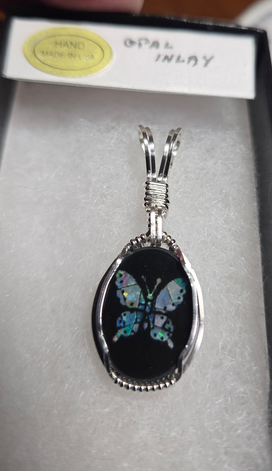 Custom Wire Wrapped Australian Opal Inlay Butterfly Necklace/Pendant Sterling Silver