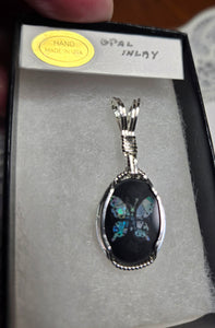 Custom Wire Wrapped Australian Opal Inlay Butterfly Necklace/Pendant Sterling Silver