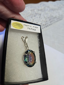 Custom Wire Wrapped Mystic Fire Topaz 12.4 cts. Necklace/Pendant Sterling Silver