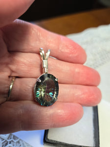 Custom Wire Wrapped Mystic Fire Topaz 12.4 cts. Necklace/Pendant Sterling Silver