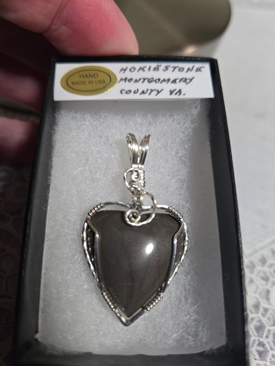 Custom Cut Polished & Wire Wrapped Gray Hokie Stone Heart Virginia Tech Necklace/Pendant Sterling Silver