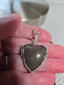 Custom Cut Polished & Wire Wrapped Gray Hokie Stone Heart Virginia Tech Necklace/Pendant Sterling Silver