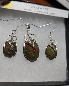 Custom Wire Wrapped Ms Virginia Unakite Set: Necklace/Pendant Earrings  Sterling Silver