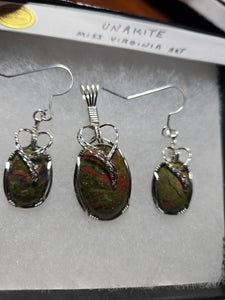 Custom Wire Wrapped Ms Virginia Unakite Set: Necklace/Pendant Earrings  Sterling Silver