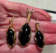 Load image into Gallery viewer, Custom Wire Wrapped Black Onyx Set: Necklace/Pendant Earrings 14 Kgf