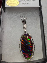Load image into Gallery viewer, Custom Cut Polished and Wire Wrapped Synthetic Peacock Opal Necklace/Pendant Sterling Silver