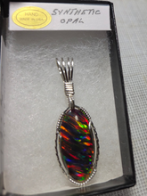 Load image into Gallery viewer, Custom Cut Polished and Wire Wrapped Synthetic Peacock Opal Necklace/Pendant Sterling Silver