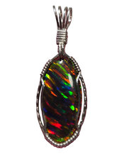 Load image into Gallery viewer, Custom Cut Polished and Wire Wrapped Synthetic Peacock Opal Necklace/Pendant Sterling Silver