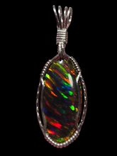 Load image into Gallery viewer, Custom Cut Polished and Wire Wrapped Synthetic Peacock Opal Necklace/Pendant Sterling Silver