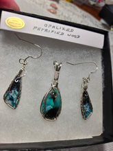 Load image into Gallery viewer, Custom Cut Polished &amp; Wire Wrapped Blue Opalized Wood Set: Necklace/Pendant Earrings Sterling Silver