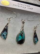 Load image into Gallery viewer, Custom Cut Polished &amp; Wire Wrapped Blue Opalized Wood Set: Necklace/Pendant Earrings Sterling Silver