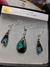Load image into Gallery viewer, Custom Cut Polished &amp; Wire Wrapped Blue Opalized Wood Set: Necklace/Pendant Earrings Sterling Silver