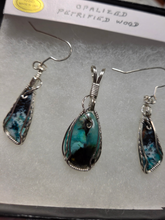 Load image into Gallery viewer, Custom Cut Polished &amp; Wire Wrapped Blue Opalized Wood Set: Necklace/Pendant Earrings Sterling Silver