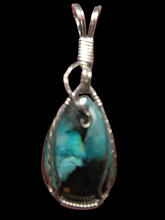Load image into Gallery viewer, Custom Cut Polished &amp; Wire Wrapped Blue Opalized Wood Set: Necklace/Pendant Earrings Sterling Silver