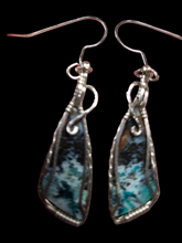 Load image into Gallery viewer, Custom Cut Polished &amp; Wire Wrapped Blue Opalized Wood Set: Necklace/Pendant Earrings Sterling Silver