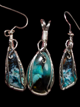Load image into Gallery viewer, Custom Cut Polished &amp; Wire Wrapped Blue Opalized Wood Set: Necklace/Pendant Earrings Sterling Silver
