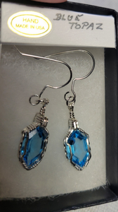 Custom Wire Wrapped Faceted Blue Topaz Earrings 8 ct Sterling Silver