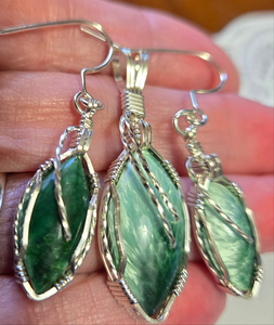 Custom Cut Polished & Wire Wrapped Green Bridewell Stone Set: Necklace/Pendant Earrings Sterling Silver