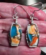 Load image into Gallery viewer, Custom Cut Polished &amp; Wire Wrapped Spiney Oyster &amp; Turquoise Set: Necklace/Pendant Earrings Sterling Silver