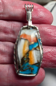 Custom Cut Polished & Wire Wrapped Spiney Oyster & Turquoise Set: Necklace/Pendant Earrings Sterling Silver