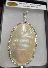 Load image into Gallery viewer, Custom Wire Wrapped Mother of Pearl with Scrimshaw Carving Necklace/Pendant Sterling Silver