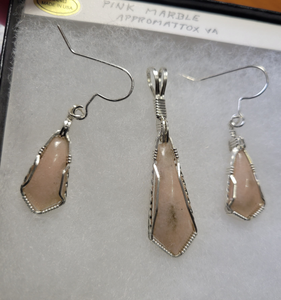 Custom Wire Wrapped Pink Marble Appomattox, VA Set Necklace/Pendant Earrings in Sterling Silver